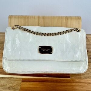 Michael Kors Jet Set White Embossed Monogram Gold Chain Shoulder‎ Bag